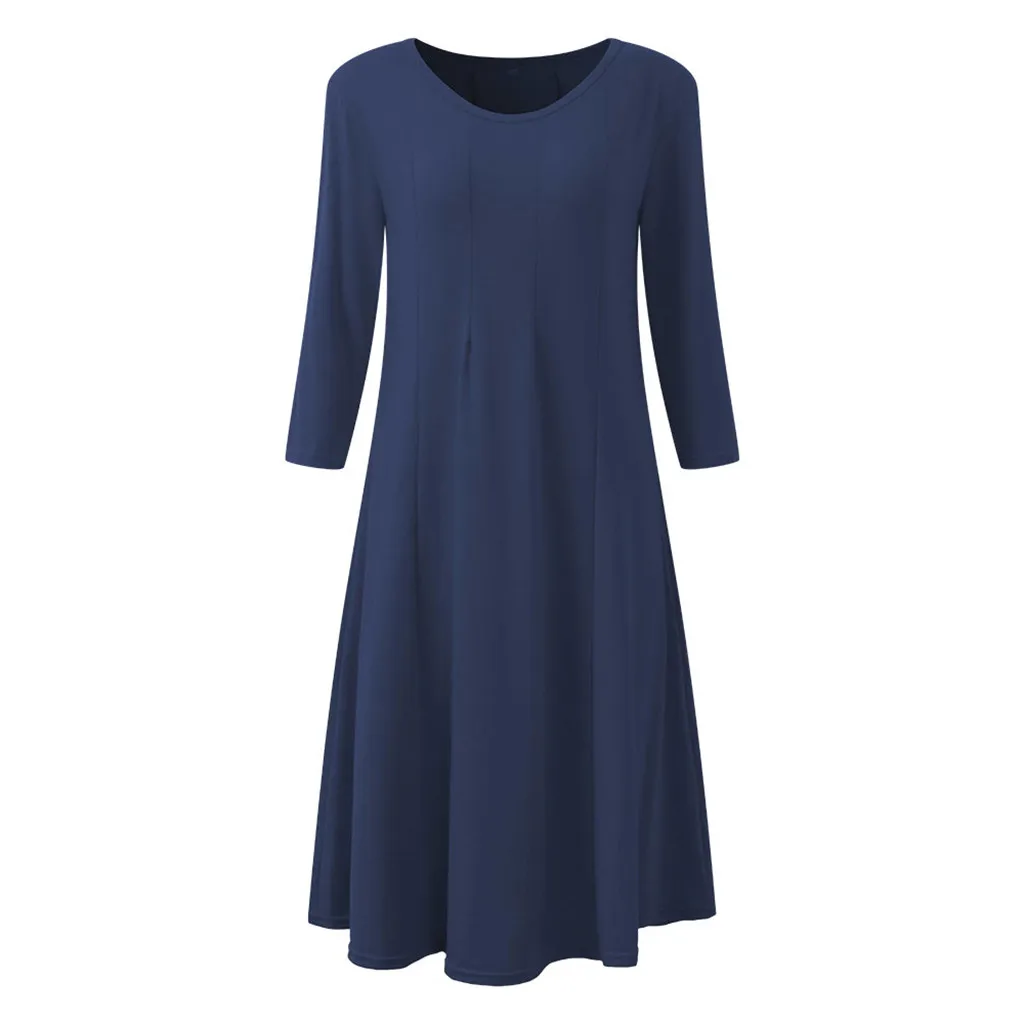 Женское свободное повседневное платье большого размера с круглым вырезом, женское летнее платье с длинным рукавом, разноцветное платье# G6 - Цвет: Тёмно-синий