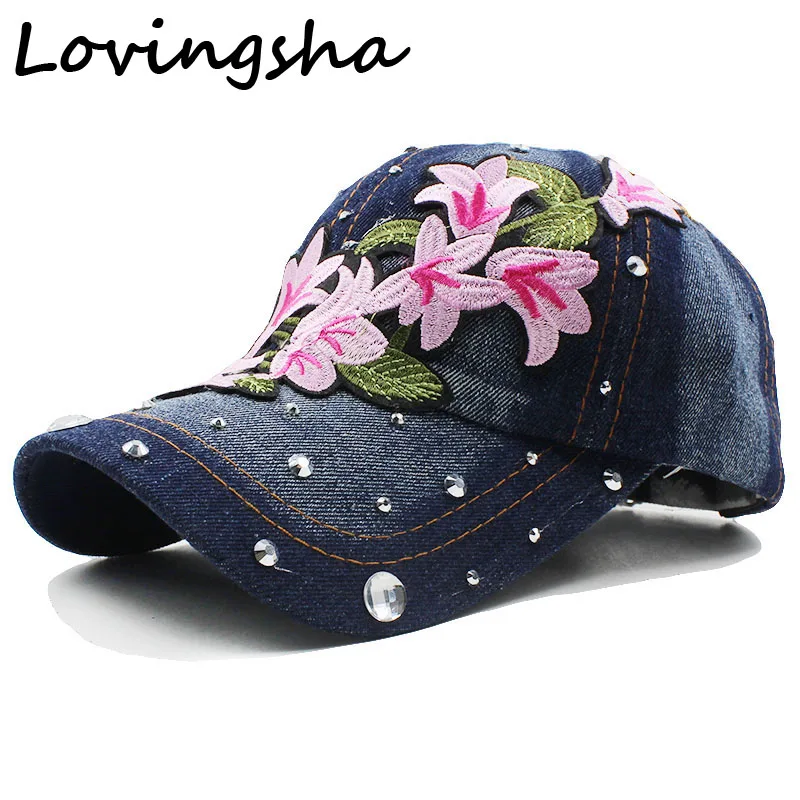 Lovingsha-Rhinestones-Denim-Baseball-Cap-Spring-Floral-Cap-Snapback ...