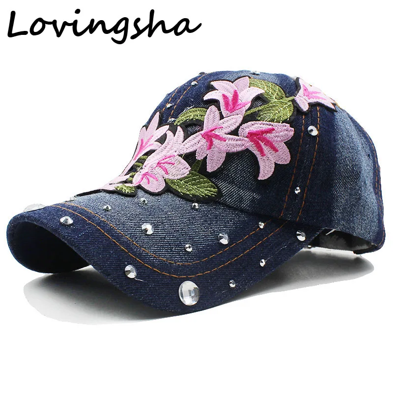 

Lovingsha Rhinestones Denim Baseball Cap Spring Floral Cap Snapback Summer Cap For Girl Fitted Cap Women Wholesale Cheap Hat
