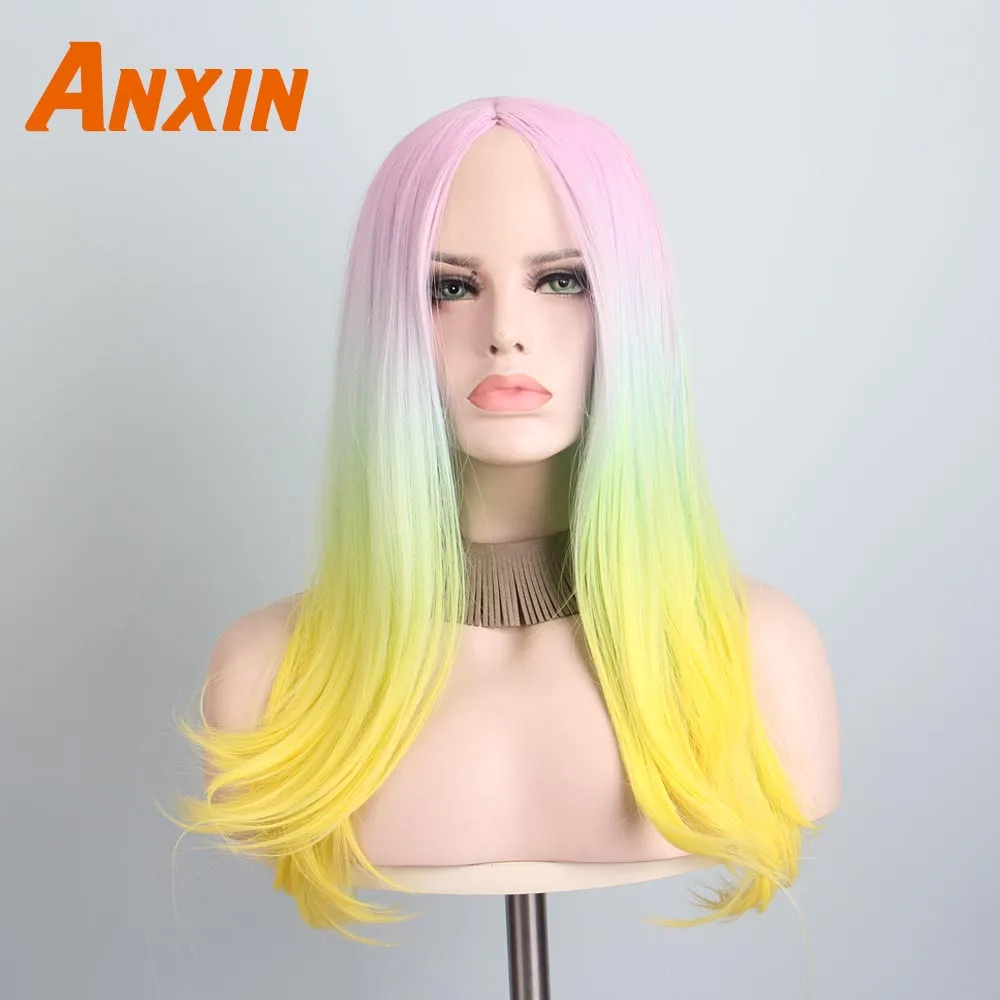 

Anxin Sweet Long Body Wavy Colorful Ombre Candy Color Party Anime Cosplay Hair For Girls Resistant Heat Synthetic Wig