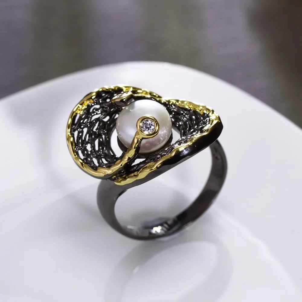 ヴィンテージピック真珠高品質ユニークな声明ブラックゴールドのカラー周年記念ギフトジルコン石トレンディ黒リング用女性 Rings For Women Ring Forblack Ring Aliexpress