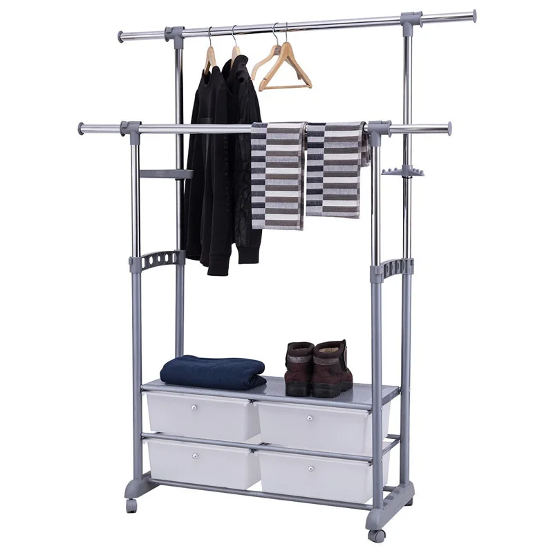 

GIANTEX Adjustable Rolling Clothes Hanger Coat Rack Floor Hanger Storage Wardrobe Clothing Drying Racks With Drawer HW56392