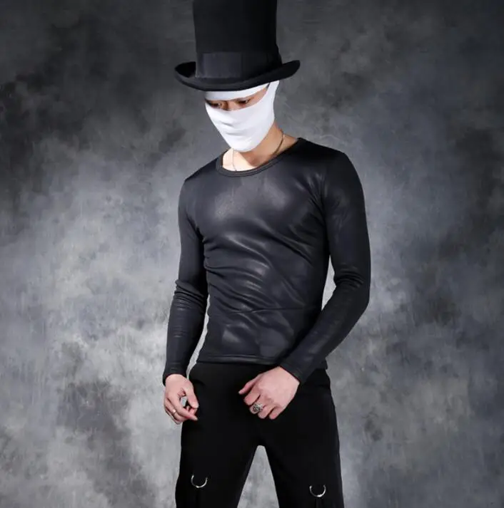 

Personality man t shirt men tshirt streetwear plus velvet thicken leather long sleeve t-shirt men t shirts camiseta homme punk