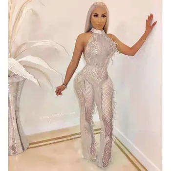 

Women Sequins Backless Jumpsuit Sexy Mesh Tassel Rompers Womens Jumpsuit Streetwear Party Bodycon Overalls