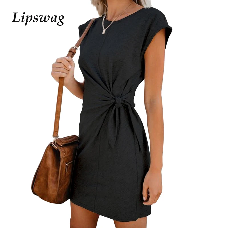 

Lipswag XXL Women Elegant Sashes Party Dress Summer Solid Short Sleeve A Line Dresses Female Casual O Neck Mini Dress Vestidos