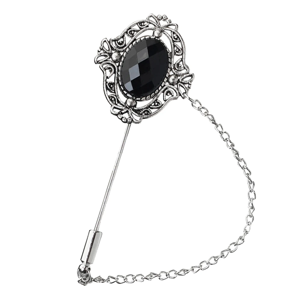 Fashion Vintage Black Gemstone Brooch Pin Chain Tassels Collar Tip Neck Tips Mens Jewelry