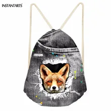 INSTANTARTS Забавные 3D Животные поддельные деним лиса печать мешки с кулиской для девочек мальчиков повседневные Рюкзаки из мягкой ткани Galaxy пляжные сумки