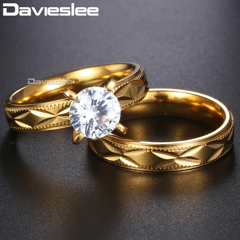 Davieslee Wedding Ring Set For Men Women Couple Promise Engagement Band CZ Stone Gold Tone Stainless Steel DKR139