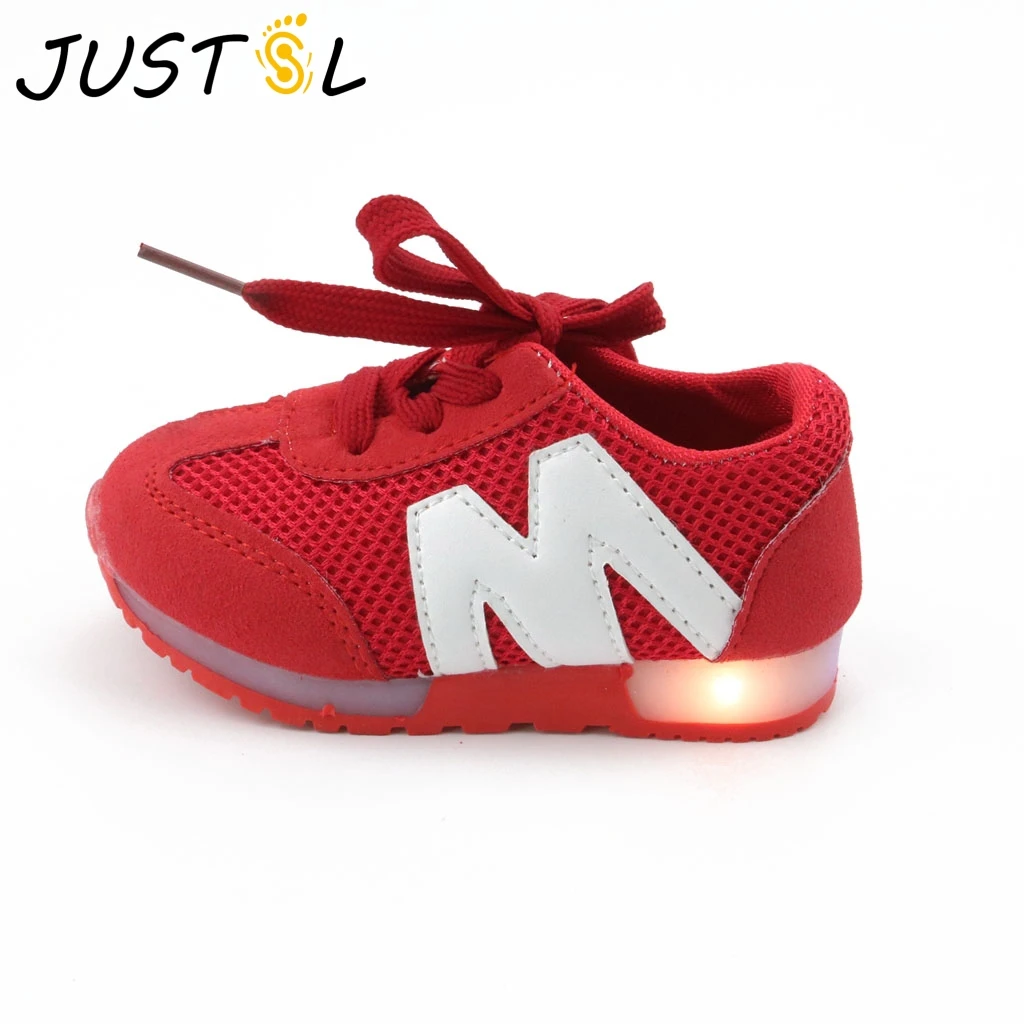 

JUSTSL Summer 2017 children's M alphabet LED sport shoes kids mesh casual running shoes outdoor girls boys glow fashion sneakers