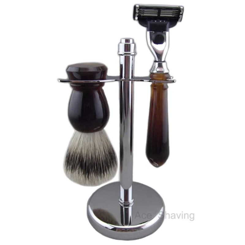

Hawksbill Color Acrylic Handle Silvertip Badger Hair Brush Beard Razor Stainless Stand Holder Barber Kit Set