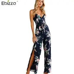Ebizza V шеи Цветочный принт спагетти ремень комбинезоны Для женщин пикантные Разделение Широкие штаны пояса спинки комбинезон длинные брюки