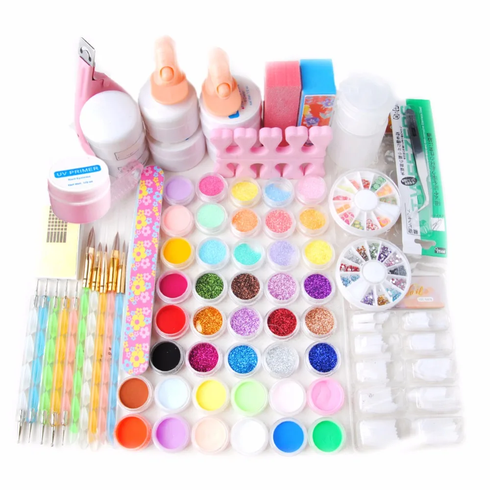 

Professional Nail Art Tools Kit UV Gel Finger Extension Nail Burshes Acrylic Powder 42Pcs Powder Glitter Nail Decoration Tip Kit