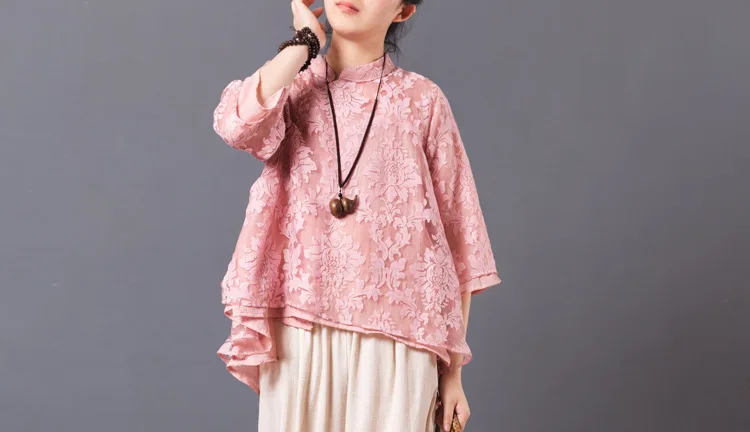 LZJN Original Women Floral Blouse Summer Tops Traditional Chinese Cheongsam Top Qipao White 4 Colors Lace Shirt with 34 Sleeve  (21)