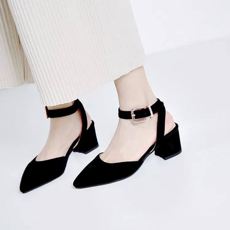 

Big Size 11 12 13 14 high heels sandals women shoes woman summer ladies One-word buckle head with thick heel and pointed back