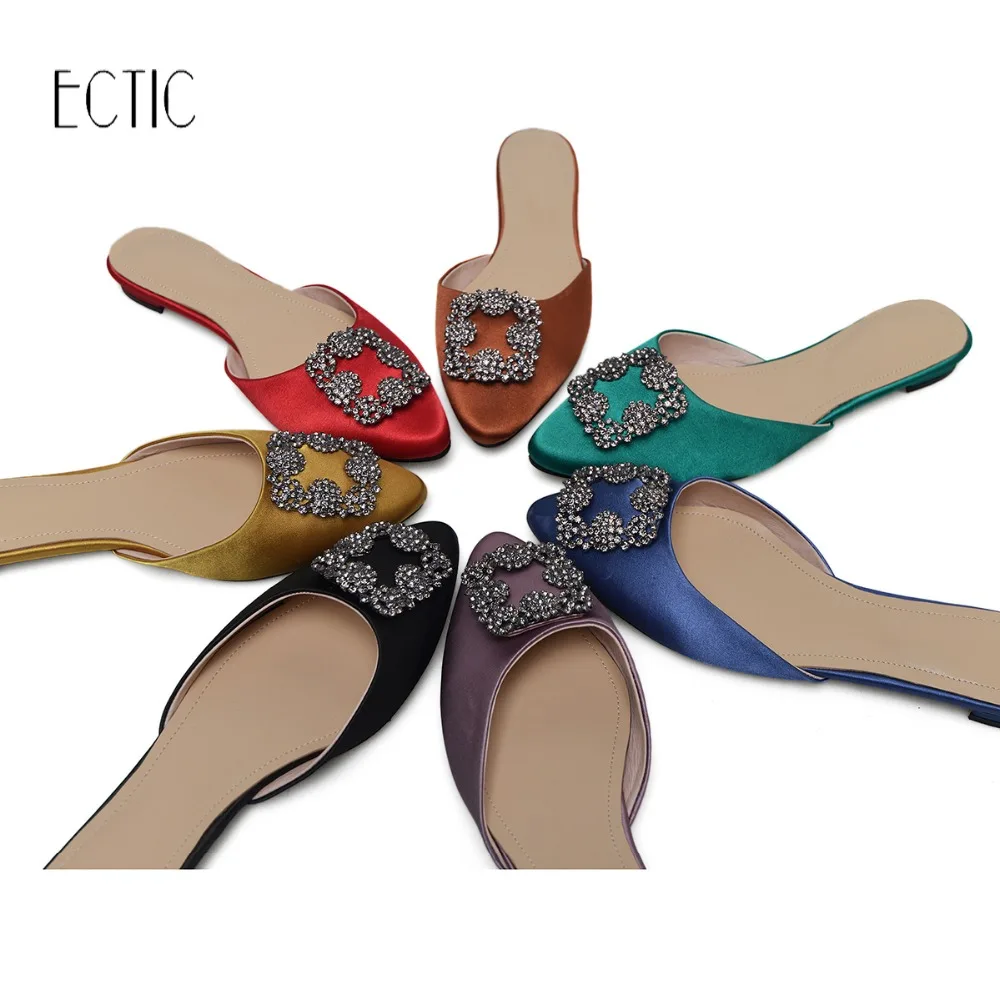 

ECTIC Women Summer Rhinestone Slippers Sexy Mules Loafers Flip Flops Pointed Toe Slip On Flat Heel Slides Satin High Quality