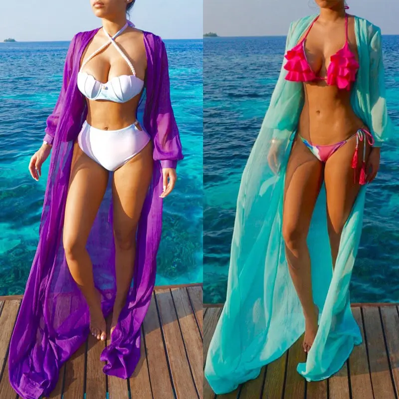 

Hot Sale Women Beach Cover Up Kaftan Chiffon Sarong Summer Wea Bikini Summer Beach Boho Long Chiffon Cardigan Coats