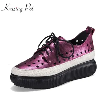 

Krazing Pot sheep leather round toe lace up hollow thick causal shoes classic neutral style vulcanized women wedges shoes L6f8