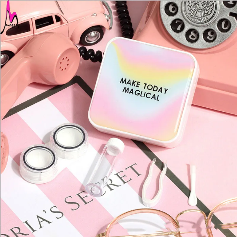 

2019 Laser Gradient Contact Lens Case With Mirror Women Companion Box Eyes Cartoon Portable Lovely Travel Kit Box Hot Sale
