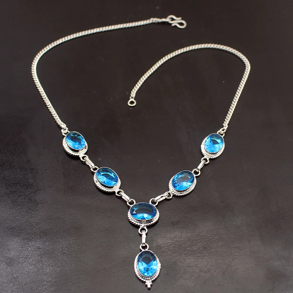 

Hermosa Glowing Gems Stone Ocean Blue Topaz925 Sterling Silver Chain Charms Necklace 18.5 Inch A177