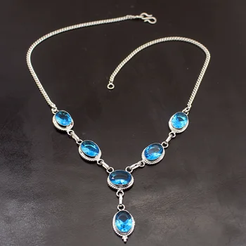 

Hermosa Glowing Gems Stone Ocean BlueTopaz Silver Color Chain Charms Necklace 18.5 Inch A177