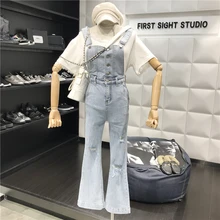 Новинка года, весенние ковбойские штаны на бретелях для студенток, для девушек, для колледжа, с пряжкой, с высокой талией, джинсовые расклешенные брюки, джинсовые комбинезоны