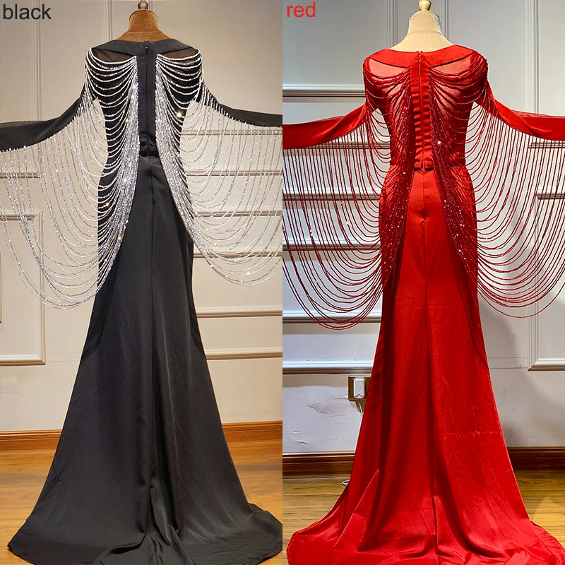 Новинка, Черное вечернее платье с длинным рукавом и v-образным вырезом, украшенное бисером, вечернее платье, Robe De Soiree BLA60824