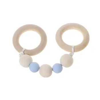 

5pcs Beech wooden teether Ring Silicone Beads Wooden Rattle Baby Teether