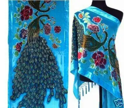 Ярко-розовый китайский женский шелк Бархат шали шарф вышивка павлин бисером Пашмины Хиджаб длинная бахрома глушитель TS002 - Цвет: Blue