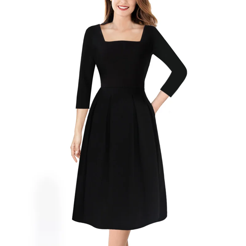 

Vfemage Women Sexy Elegant Square Neck 3/4 Sleeve Wear To Work Office Business Casual Party Flare Swing Skater A line Dress 1635