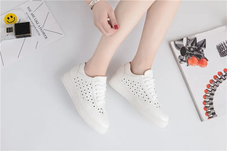 Teahoo/женские кроссовки из мягкой кожи на платформе; дышащие женские белые туфли с вырезами; обувь на платформе с круглым носком