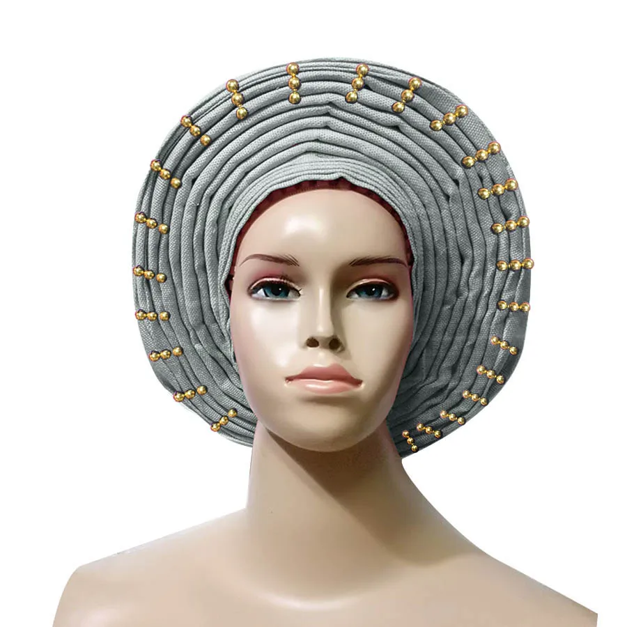 Нигерийский геле головной убор Aso oke головной убор с бисером готов носить - Цвет: silver grey