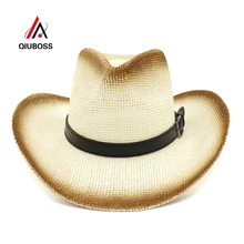 QIUBOSS коричневый Краска в баллоне-распылителе Бумага ковбойская соломенная шапки со шнурками Пряжка Декор дышащая Для мужчин Для женщин Панамы с широкими полями пляжный зонтик Кепки