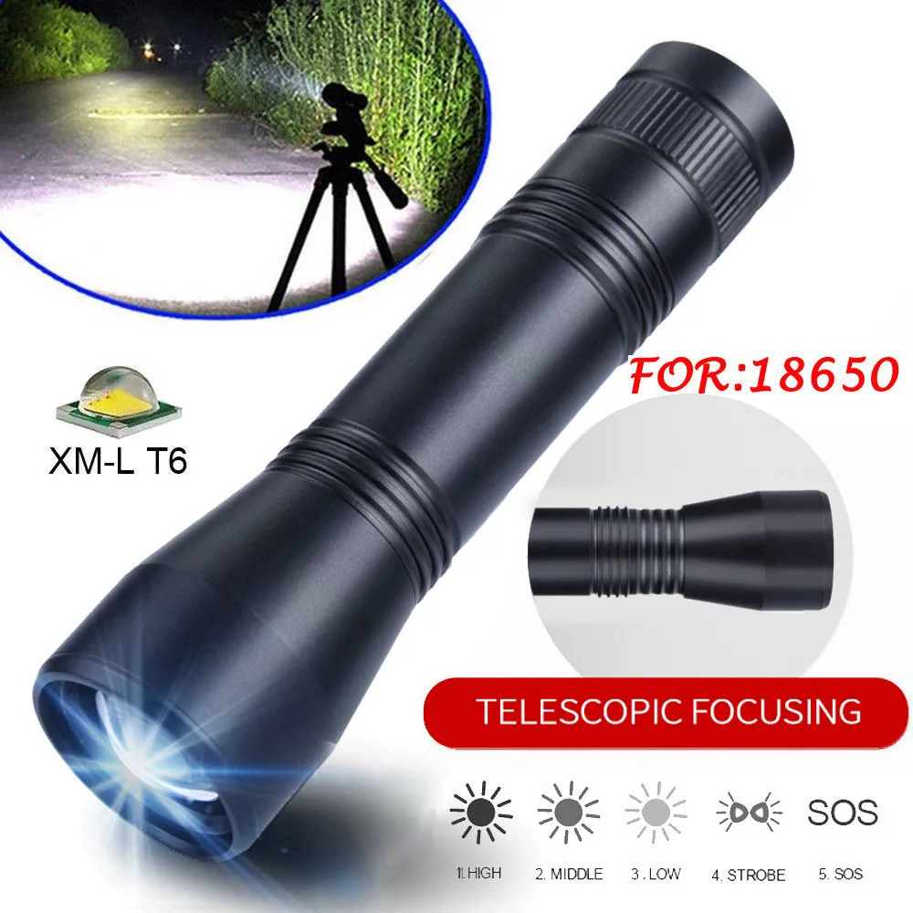 

New 2018 High Quality T6 Tactical Military LED Flashlight Torch Zoomable 5Mode 18650 Battery Charge Drop Shipping