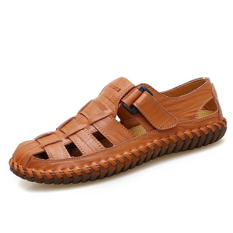

LAISUMK Men Sandals Genuine Leather Cowhide Male Summer Shoes Outdoor Beach Slippers Casual Suede Leather Gladiator Sandals