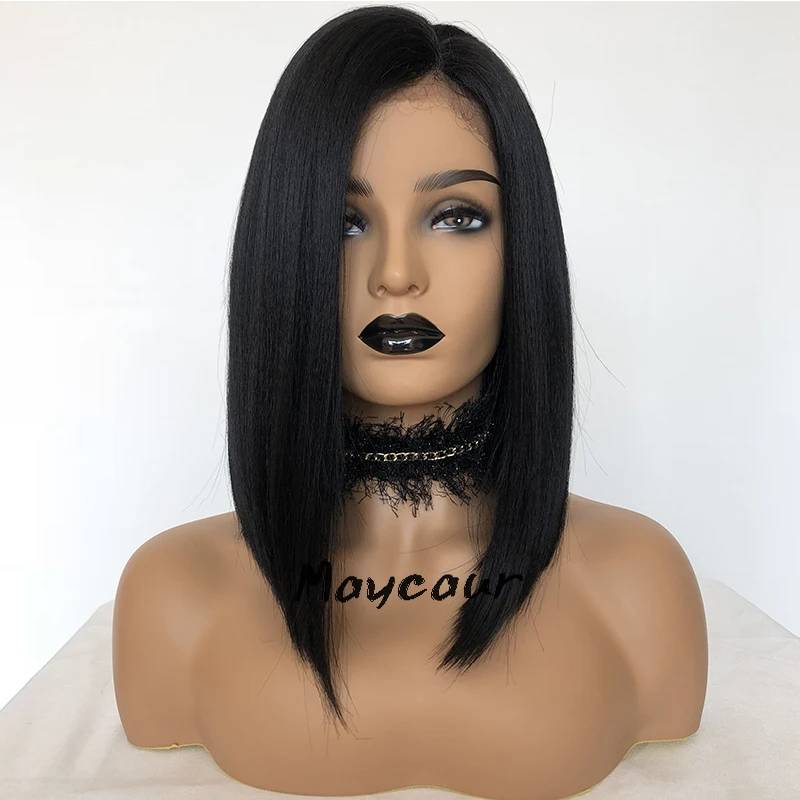 

Black Light Yaki Bob Lace Front Wigs With Natural Hairline Short Synthetic Wig For Women 180 Density 14 inch