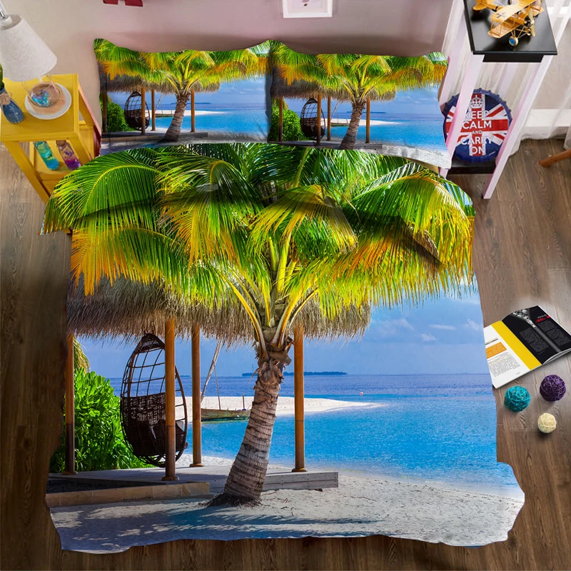 

Coco and thatch pavilion by the sea 3d effect photo bed linen can be customized photo pattern