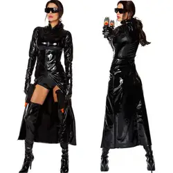 Готический сексуальный кожаный костюм женский, Черный Wetlook Винил кожа тренчи для женщин Клубная одежда с длинным рукавом Novetly пикантные