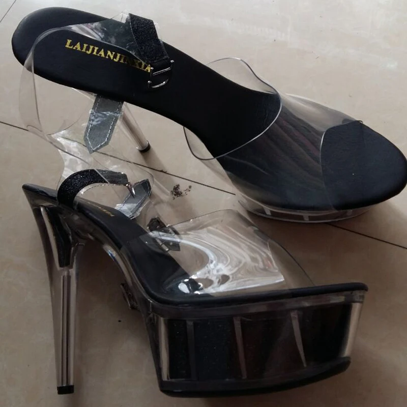 LAIJIANJINXIA/Женская обувь для танцев на шесте босоножки на высоком каблуке 15 см обувь с украшением в виде кристаллов прозрачные блестящие свадебные туфли