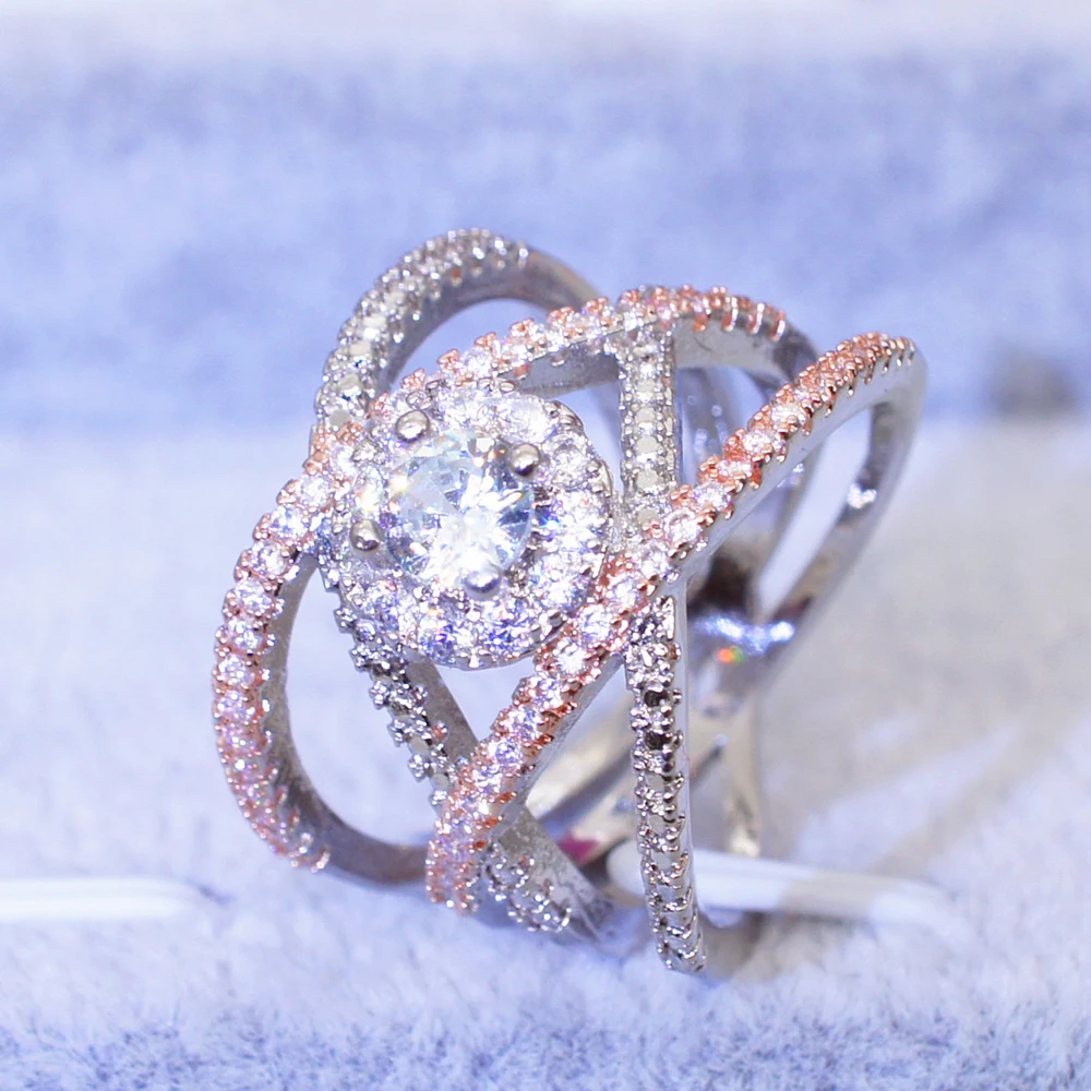 

Dazzling rose gold fashion creative cross design women ring high quality crystal zircon bride engagement ring jewelry SP225
