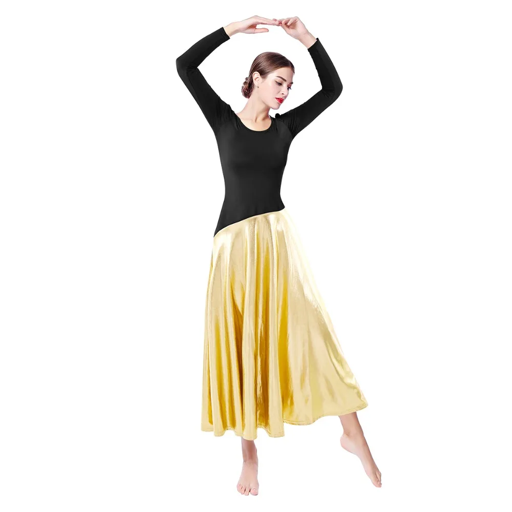 

2019 New Elegant Praise Dance Dress Women Adult Long Sleeve Metallic Spliced Pleated Dress Mime Costume Liturgical Dance Dress
