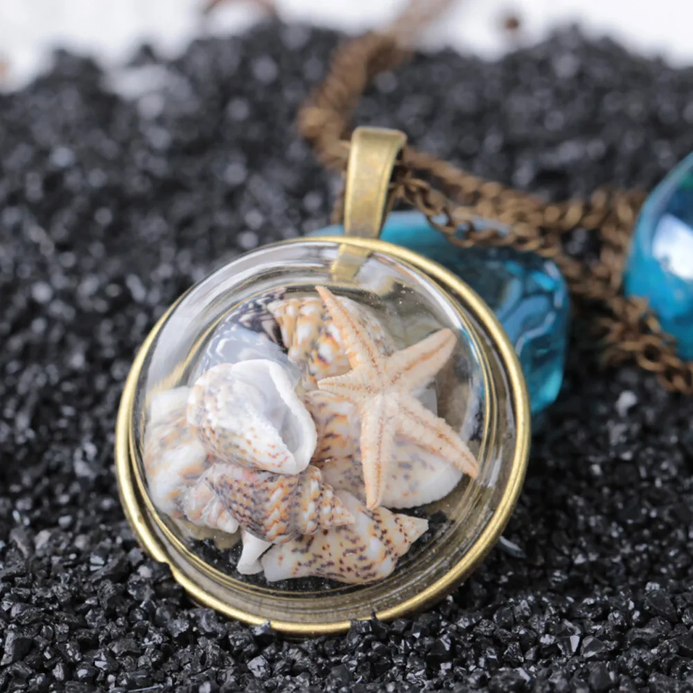 

Style Beach Conch Shell Sea Star Necklace Ocean Element Glass Cover Pendant Festival Brithday Gift For Couple