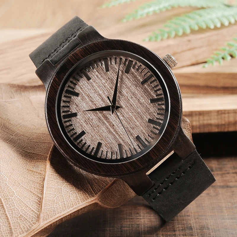 BOBO BIRD Men's Ebony Wood Watches Timepiece Genuine Leather Quartz Watch for Men Wrist Watch