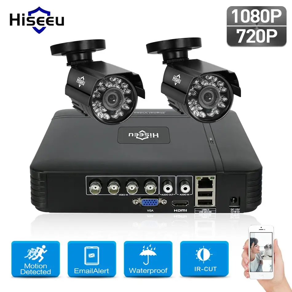 Hiseeu HD 4CH 1080N 5in1 AHD DVR комплект видеонаблюдения Системы 2 шт. 720 P/1080 P AHD водонепроницаемый/купол ИК Камера 2MP P2P видеонаблюдения комплект
