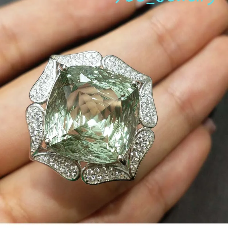 FLZB, супербола, кольцо 22.0ct, натуральный зеленый аметист, драгоценный камень в 925 пробы, серебряное, с белым золотом, вечерние кольца для женщин