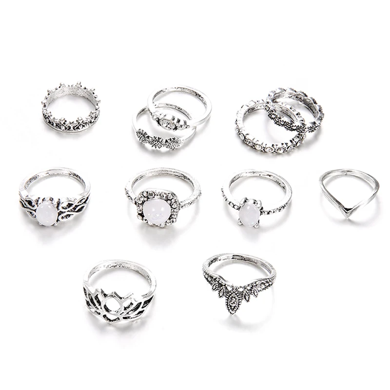 11 Pcs/set Bohemian Retro Opal Lotus Crystal Wave Silver Ring Set Women Party Charm Jewelry Accessories