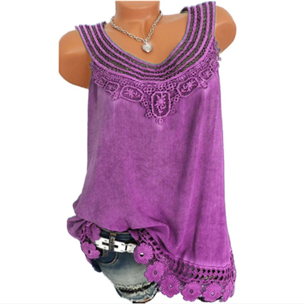 Summer Women Lace Flower Loose Sleeveless Tank Top Elegant Casual Plus Size S-5XL O-Neck T-shirt Female Solid Camisole Tops - Color: Purple