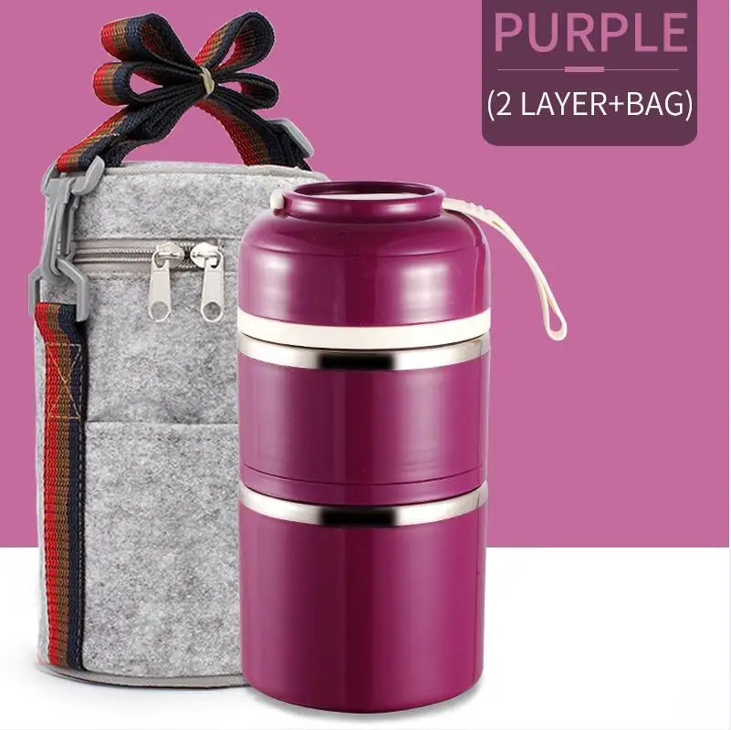 WORTHBUY PT Прямая поставка Японский милый Ланч-бокс для детей школьная портативная коробка для бенто герметичный контейнер для еды из нержавеющей стали - Цвет: 2 Layer Purple Bag