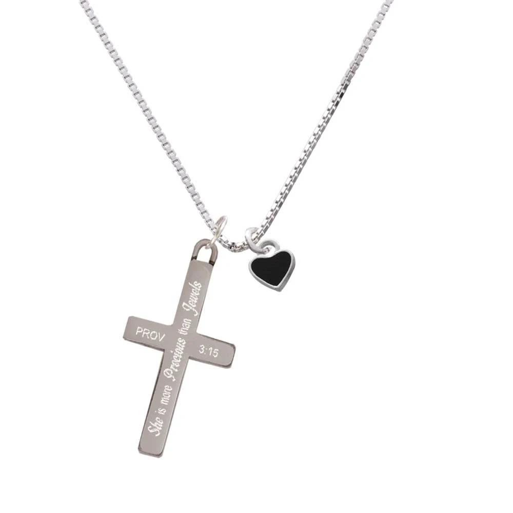 Mini Two Sided Black Heart - She is More Precious - Cross Necklace