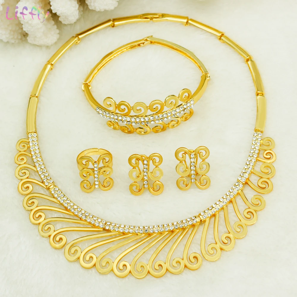 

Liffly Bridal Luxury Dubai Gold Jewelry Sets Wedding Crystal Necklace Charm Fashion Women Ring Earrings Jewelry Set