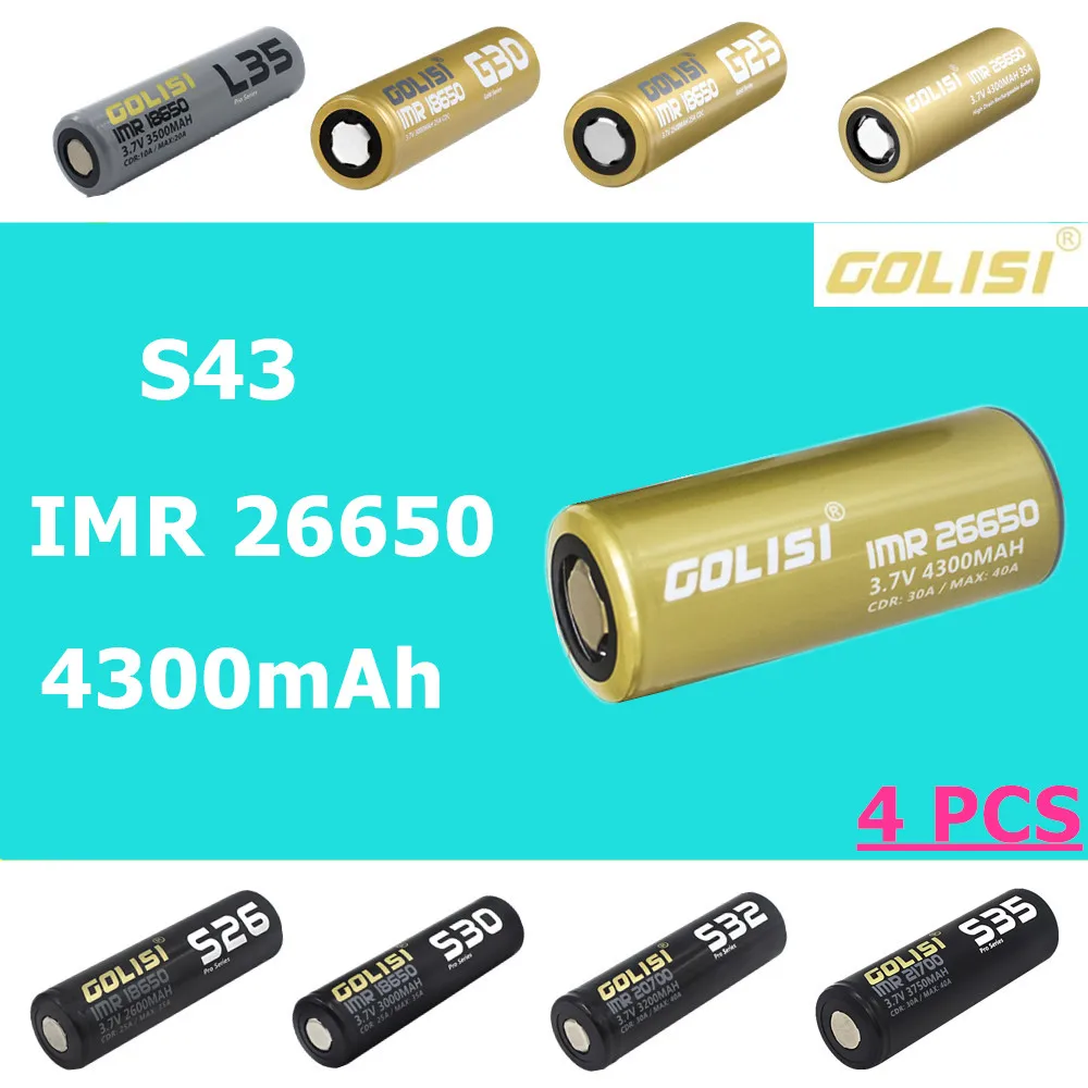 4 шт. GOLISI S43 IMR 26650 4300mah 3 7 V CDR 30A/Макс 40A Высокая утечка E-CIG перезаряжаемый | Перезаряжаемые батареи -32908840134